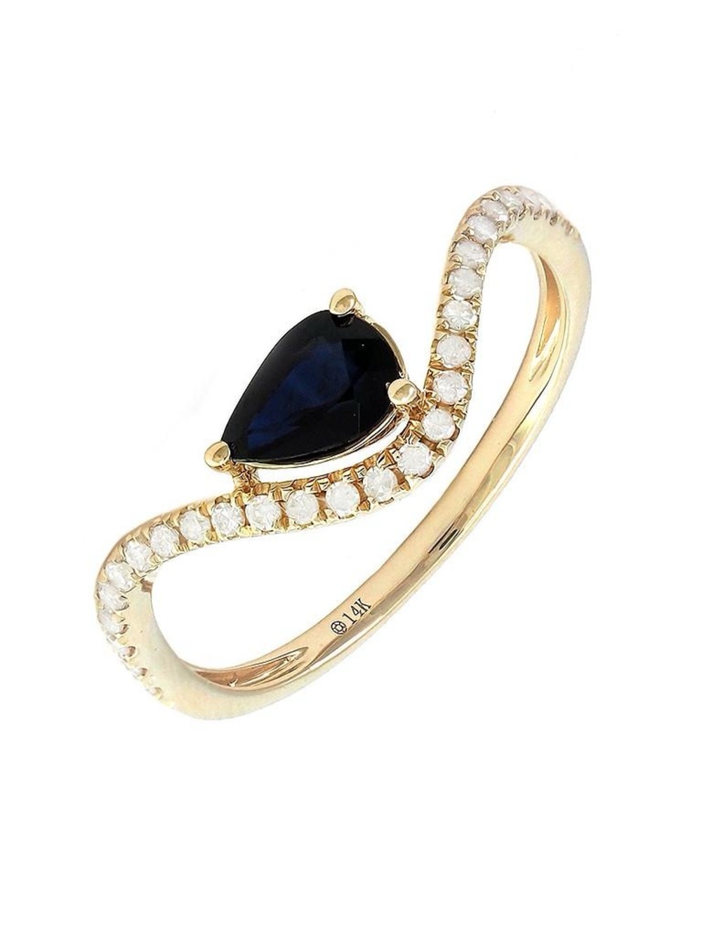 14K Real Yellow Gold Pear Prong Sapphire & Diamond Ring 6.5"